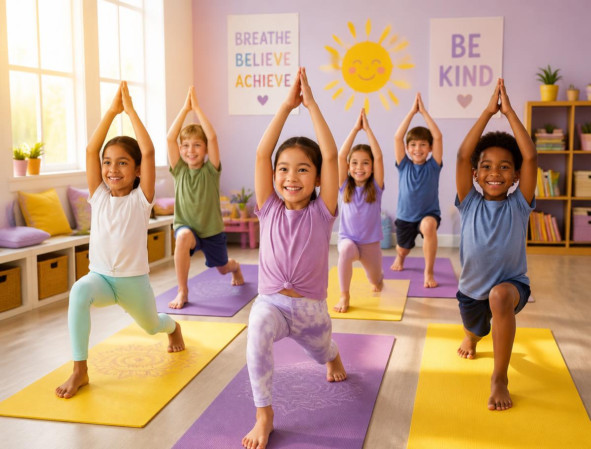 Children stretching their arms overhead in a yoga pose at Club Zen